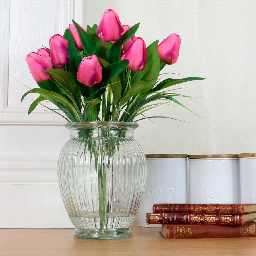 Tulip in Ribbed Vase Arrangement