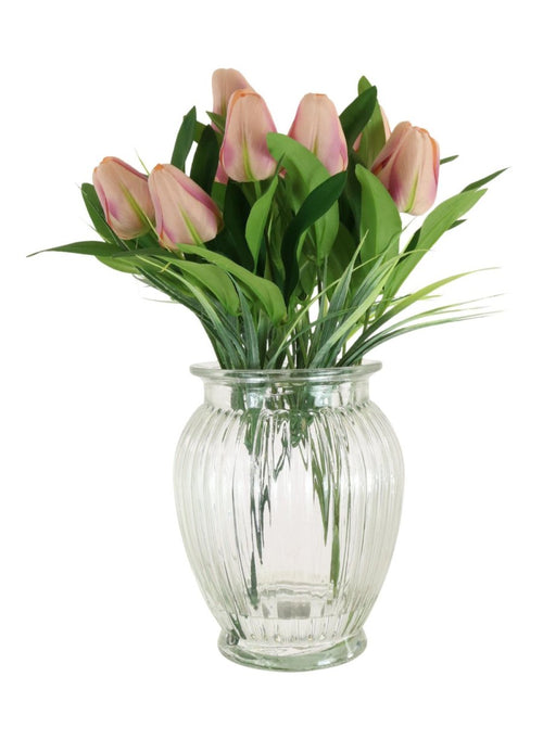 Tulip In Ribbed Vase Arrangement